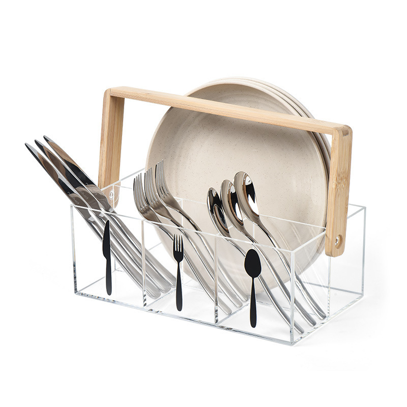 クロスボーダー透明アクリルナイフフォークスプーン食器銀器収納ボックス竹ハンドルピクニックパーティーキッチンレストラン整理|undefined