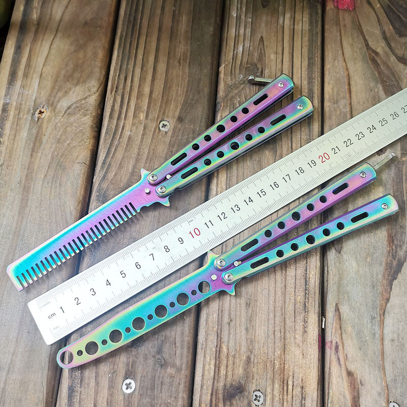 厂家直供阳江户外耍酷工具小刀彩钛蝴蝶训练梳子练习甩刀(无刀刃)|ms