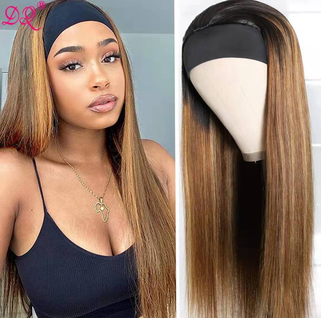  Perruque synthétique en Fiber chimique, perruque en soie glacée, couleur Piano, cheveux longs et lisses, bandeau pour femmes_voghion.com
