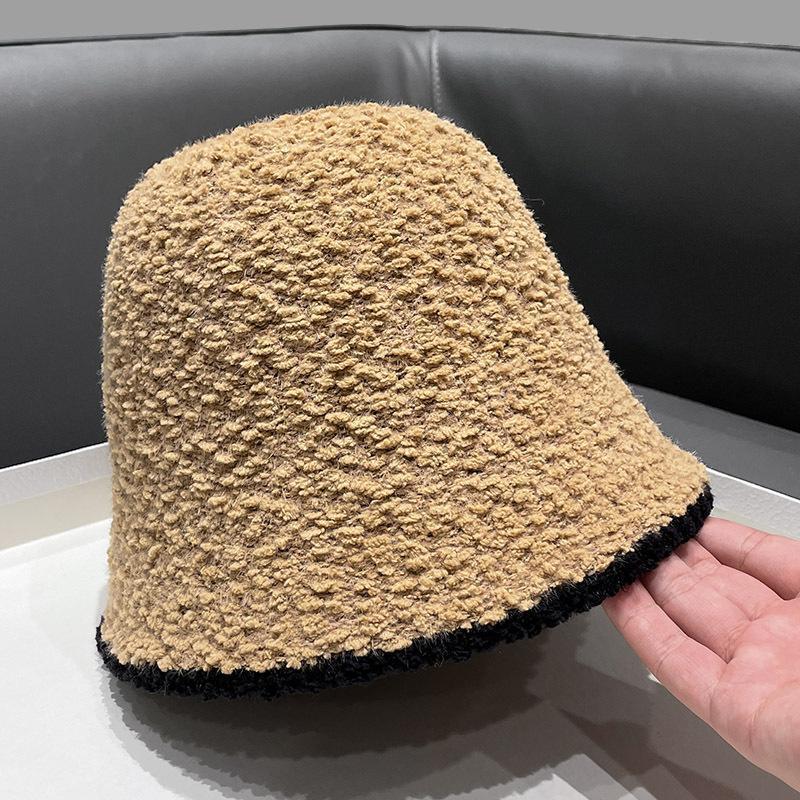 Sombrero de pescador para mujer nuevo Otoño e Invierno Cordero felpa color a juego sombrero de cubo estilo japonés todo partido cálido a prueba de sol sombrero de lavabo de punto