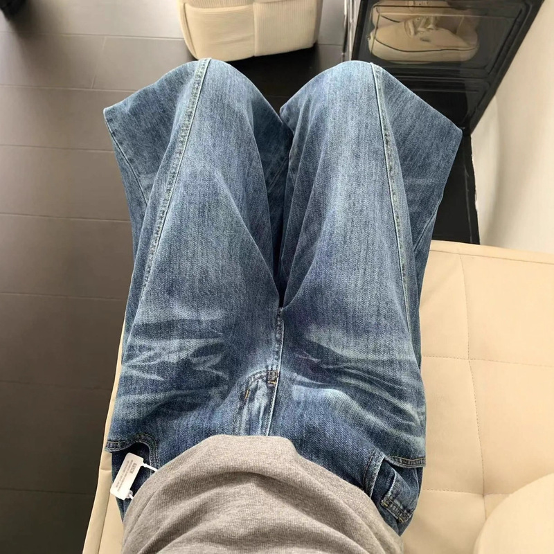 美式高街复古弯刀牛仔裤女秋季辣妹设计感宽松显瘦阔腿拖地长裤潮|undefined