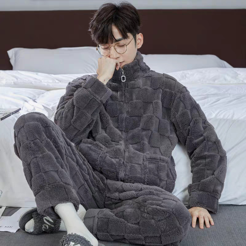 2025 otoño y invierno pijamas de coral para hombres jóvenes ociosos simple coreano traje de manga larga ropa para el hogar