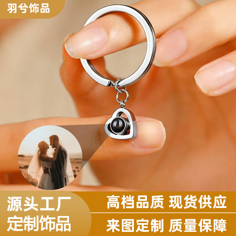 Cross-Border Nano Projection Color Photo Stainless Steel Keychain Geometric 100 Languages Personalized Custom Couple Pendant