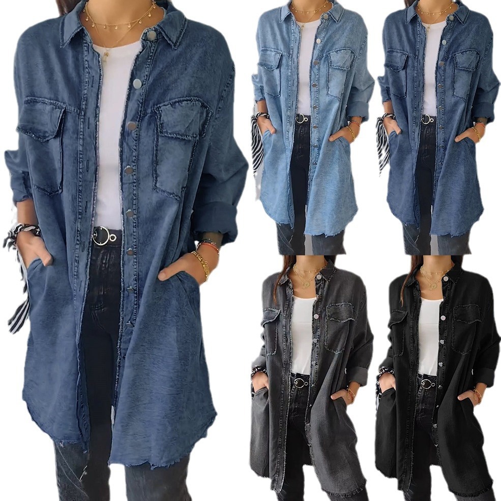 Damenbekleidung Herbststil modische lockere Revers-Jeansjacke für Damen 9771_voghion.com