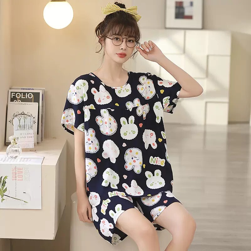 Pajamas for Women Summer Loose Short-Sleeved Shorts Cute Cartoon Printed Pajamas New Large Size Home Clothes Suit Foreign Trade