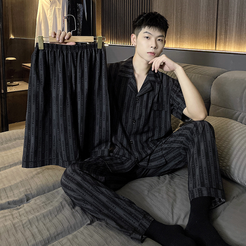 Pijama a rayas para hombres primavera y otoño verano hielo manga corta pantalones largos de tres piezas set de seda real ropa delgada suelta para el hogar
