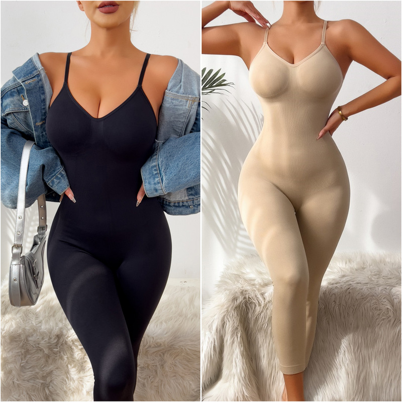 European and American Style Kardashian-Inspired Seamless Shapewear, Tummy Control Waist Shaping Camisole, Eight-Point Long Pants, Tight-Fitting Bodysuit