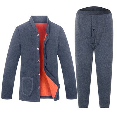 Middle-aged and elderly thermal underwear cardigan men's thickened velvet winter dad pure cotton cardigan suit