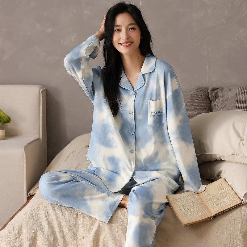 春秋新款睡衣女纯棉7A抗菌长袖长裤宽松开衫翻领家居服套装可外穿|undefined
