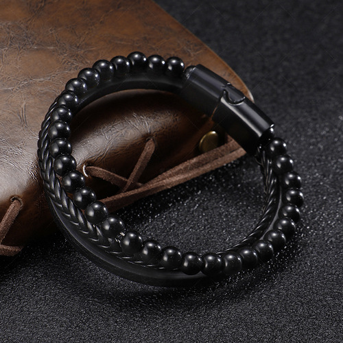 Amazon Stainless Steel Natural Tiger Eye Stone Bracelet Beads Men's Handmade Agate Bracelet Foreign Trade Accessories 