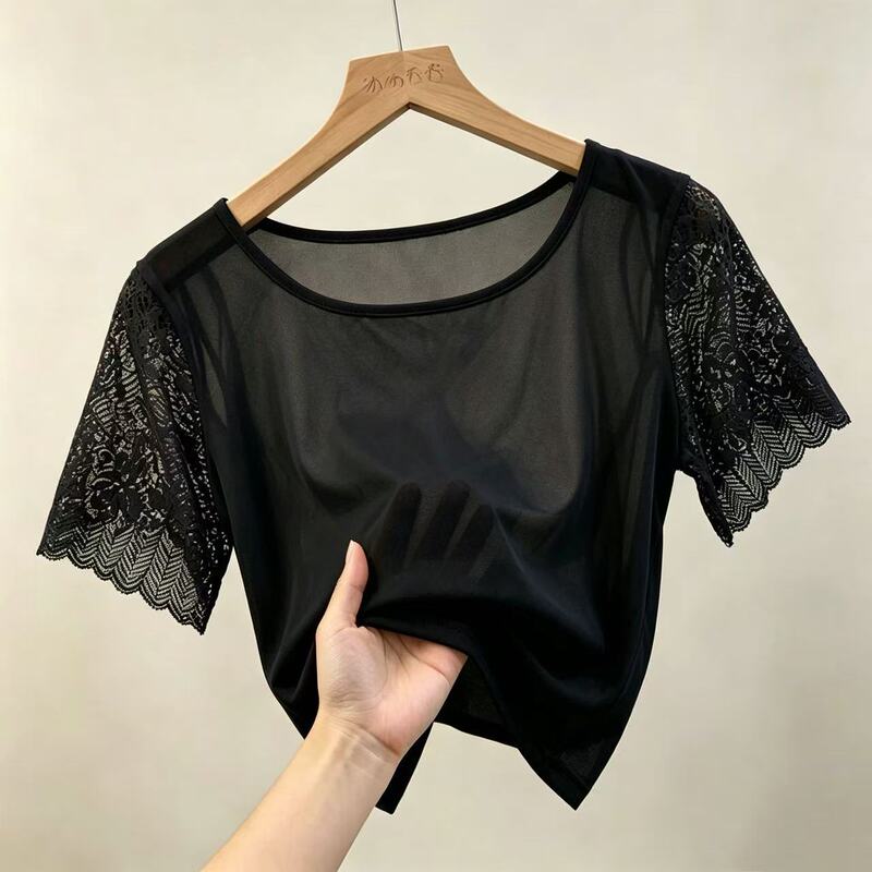 Black Mesh Short-Sleeve T-Shirt for Women, Summer Short Top with Lace Splicing, Thin and Slightly Sheer, Suitable as an Inner Layer or Outerwear Black Mesh Short-Sleeve T-Shirt for Women, Summer Short Top with Lace Splicing, Thin and Slightly Sheer, Suitable as an Inner Layer or Outerwear