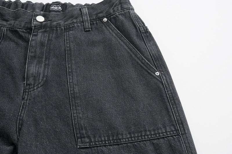 Men's Clothing Distressed Wash Tooling Jeans Men's and Women's New Fashion Brand Pocket Zipper Design Sense Side Strap Loose Straight Pants_viptrois.com
