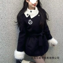 学院风加厚夹棉毛呢外套+短裤女冬季淑女设计感毛毛袖呢子两件套