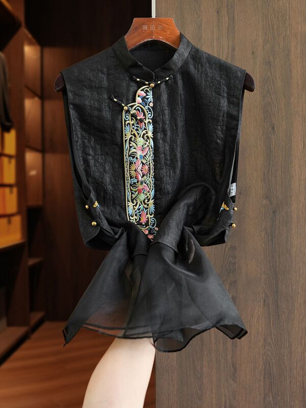 2026 Summer New Luxury Xiangyun Silk New Chinese Style Shirt Vest for Women with Mesh Patchwork and Heavy Embroidery National Style Top 2026 Summer New Luxury Xiangyun Silk New Chinese Style Shirt Vest for Women with Mesh Patchwork and Heavy Embroidery National Style Top