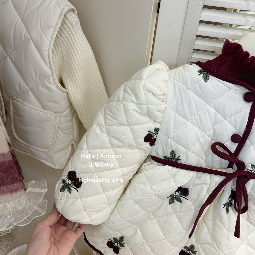 [Ropa de niños de Leen] niñas invierno estilo de cereza con vestido de terciopelo bebé moda coreana vestido cálido vestido de princesa