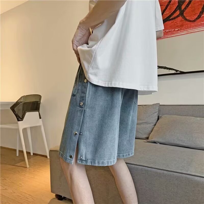 Button-Down Denim Shorts for Men, Trendy Five-Point Pants for Summer Outerwear, Thin Wide-Leg Pants, Trendy Loose Mid-Pants, Wholesale Delivery