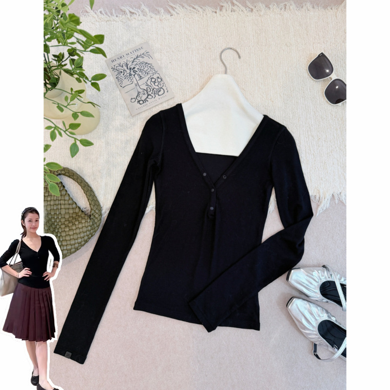 In Stock/Homegirl Fa*X “Fashionable Choice” Wide V-Neck Snap-Button Fitted Versatile Base Shirt!