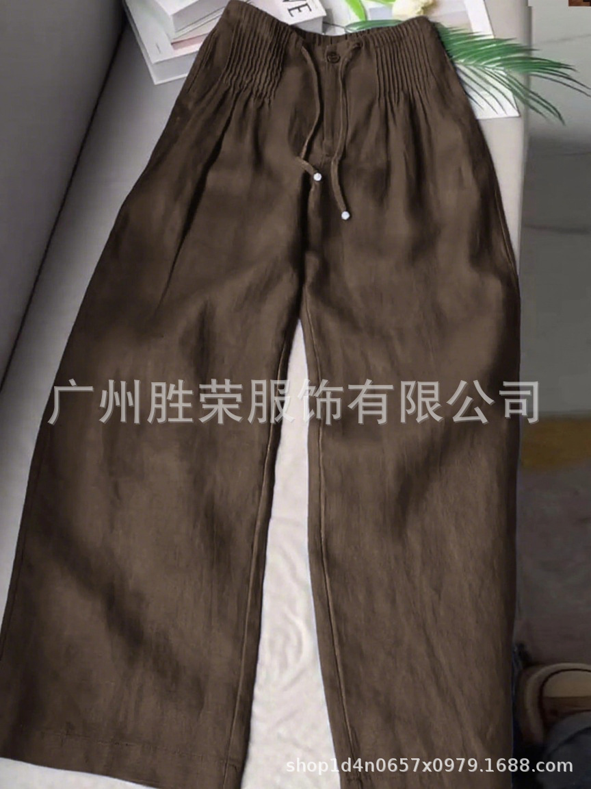 现货新款跨境外贸欧美女装时尚气质休闲纯色百搭抽绳纽扣直筒长裤