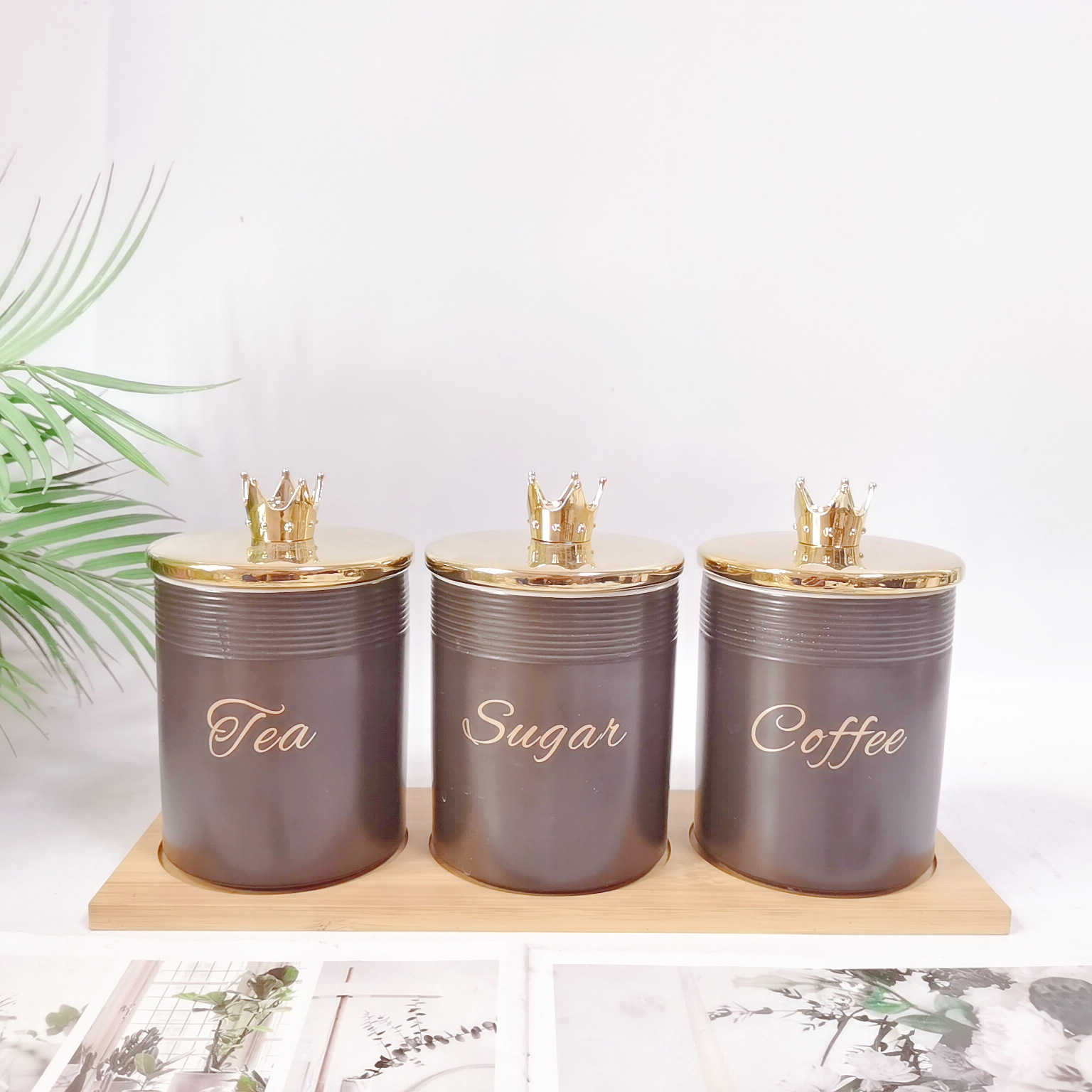 Comercio exterior transfronterizo Oriente Medio Exportar tarro sellado de cerámica con tapa de madera tarro de almacenamiento condimento de cocina tarro de té de café tarro