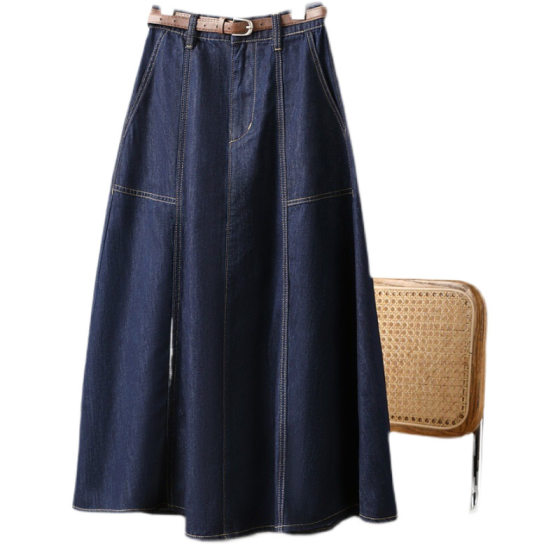 High-end Spring Character Large Swing Denim Skirt Women's 2024 New European Goods Tibetan Blue High Waist Slim Spring and Autumn Skirt
