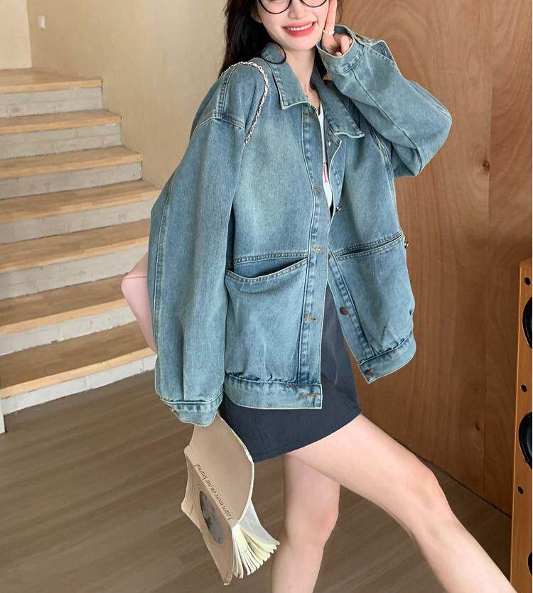Áo khoác denim nữ dáng rộng phong cách retro, tay dài cổ ve áo — màu xanh denim chi tiết 3