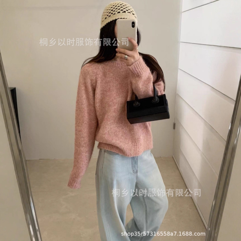 以时 简约韩系软糯彩纱毛衣 25秋冬季圆领套头纯色百搭针织衫 女|undefined