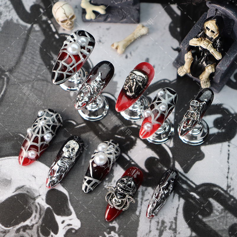 Hot-Selling Handmade Premium Gothic Dark Style Spider Web Skull Halloween Fake Nails