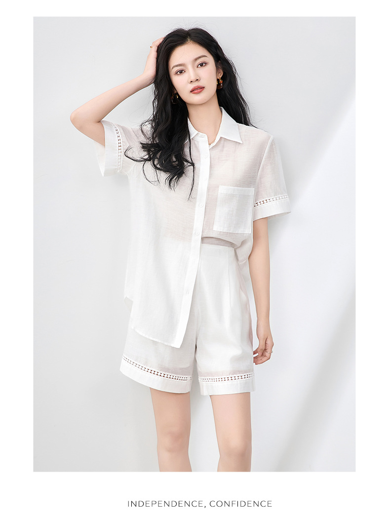 Áo sơ mi khoác pha vải lanh Tencel tay dài + quần short rộng thùng thình bộ hai mảnh mùa hè — Màu trắng chi tiết 12