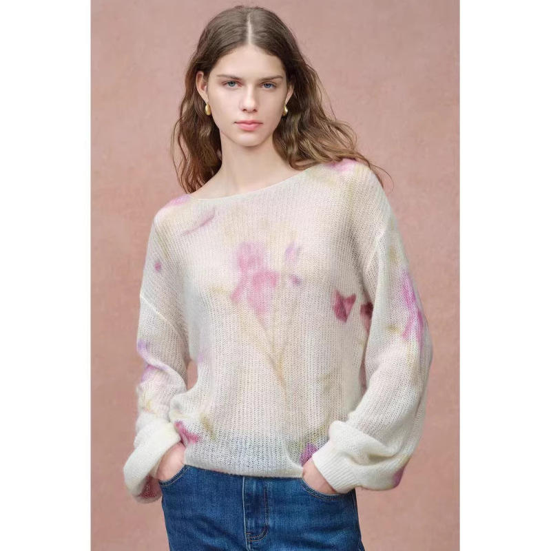 F* Mall Same Style Hand-Painted Iris Print Wool Semi-Sheer Boat Neck Knit Sweater 2026 Spring New Sweater for Women F* Mall Same Style Hand-Painted Iris Print Wool Semi-Sheer Boat Neck Knit Sweater 2026 Spring New Sweater for Women