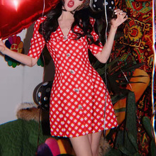 法式连衣裙娃娃领高级感格纹红色裙子赫本风单排扣欧洲站轻熟御姐