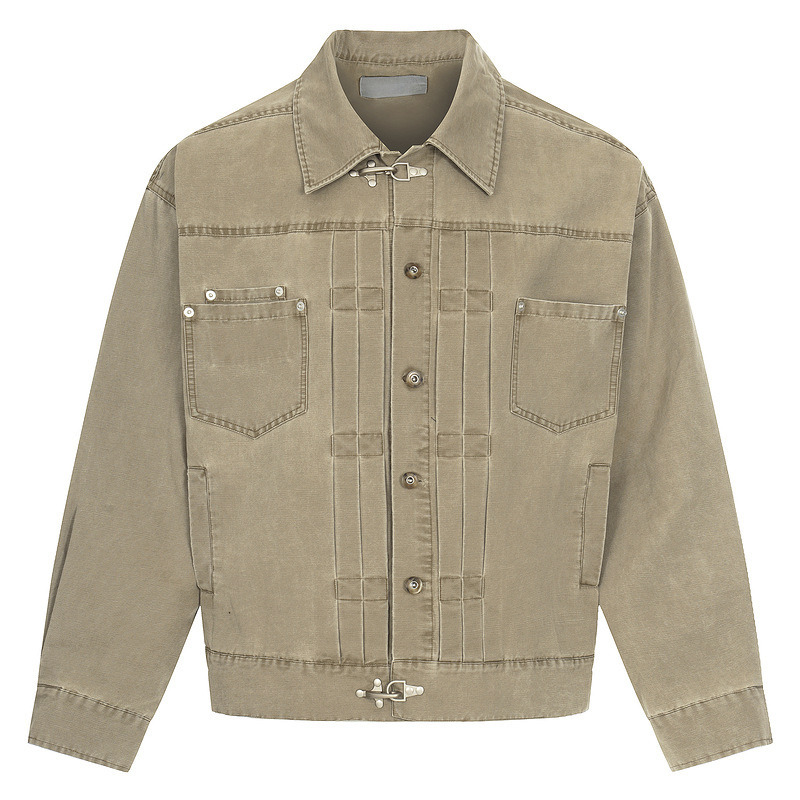 Clothing | Vintage Washed and Distressed Lapel Jacket for Men, Deconstructed Boxy Silhouette, Foldable Workwear Denim Jacket with Airplane Buckle