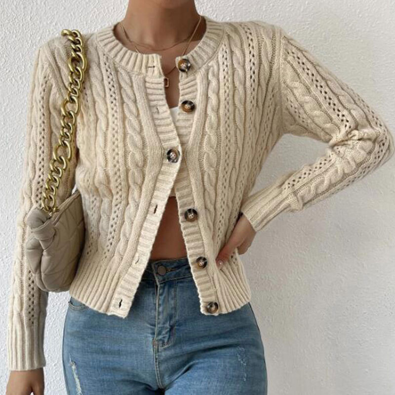 European and American Cross-Border Autumn Sweater Women's Clothing Amazon Plus Size Cable Knit Round Neck Button Cardigan Long Sleeve Coat Knitwear
