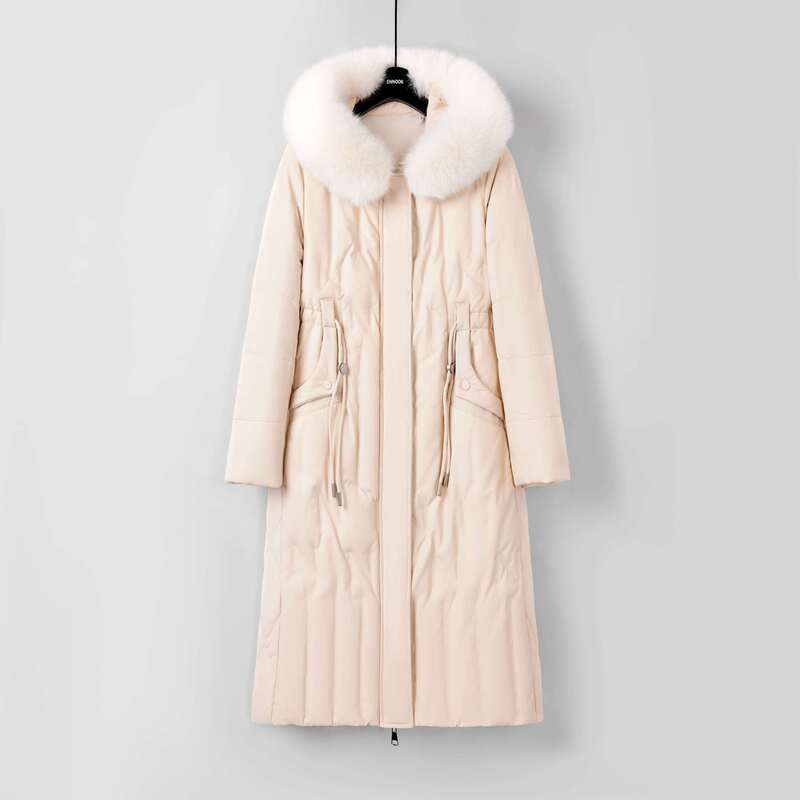 New Winter Warm Women's down Jacket Leather Mid-Length Fleece-Lined Custom Jacket Hooded Fur Collar Windbreaker