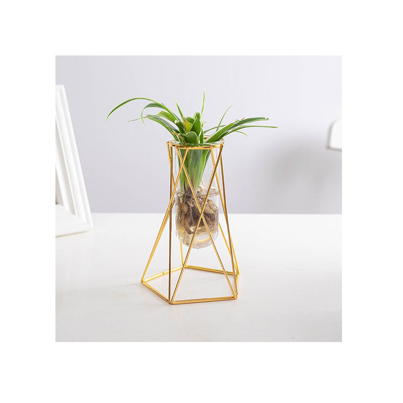 Jarrón de vidrio, jarrón geométrico dorado de hierro forjado, adorno de escritorio estilo INS, recipiente hidropónico, arreglo floral en tubo de ensayo de vidrio.