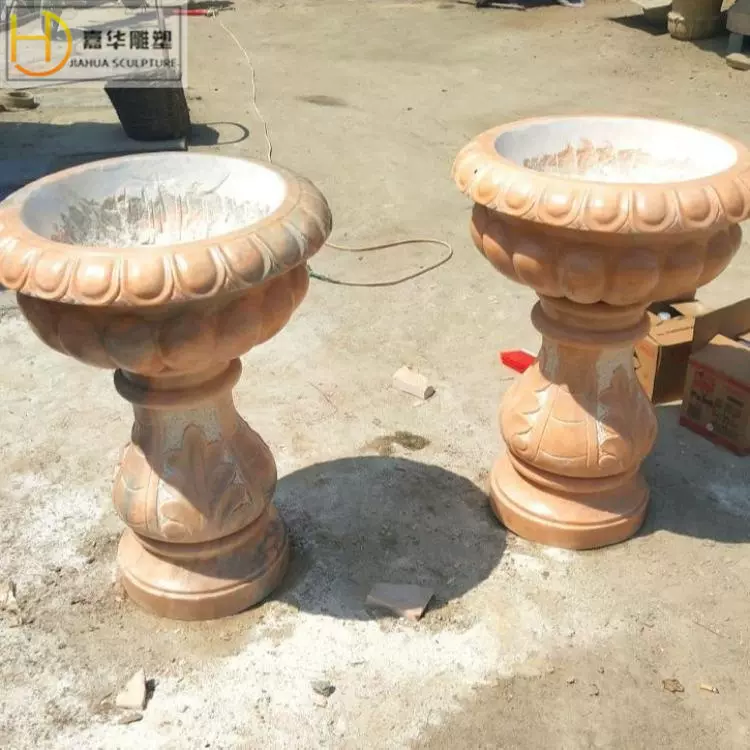 石雕花钵欧式黄锈石花盆大理石石头雕塑别墅庭院花坛景观摆件制作