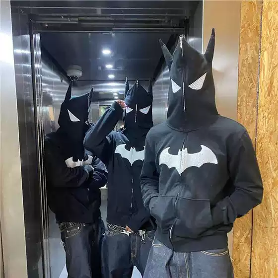 New European and American Style Autumn and Winter Bat Embroidery Loose Hip-Hop Fashion Versatile Full Chain Hooded Cardigan Sweatshirt