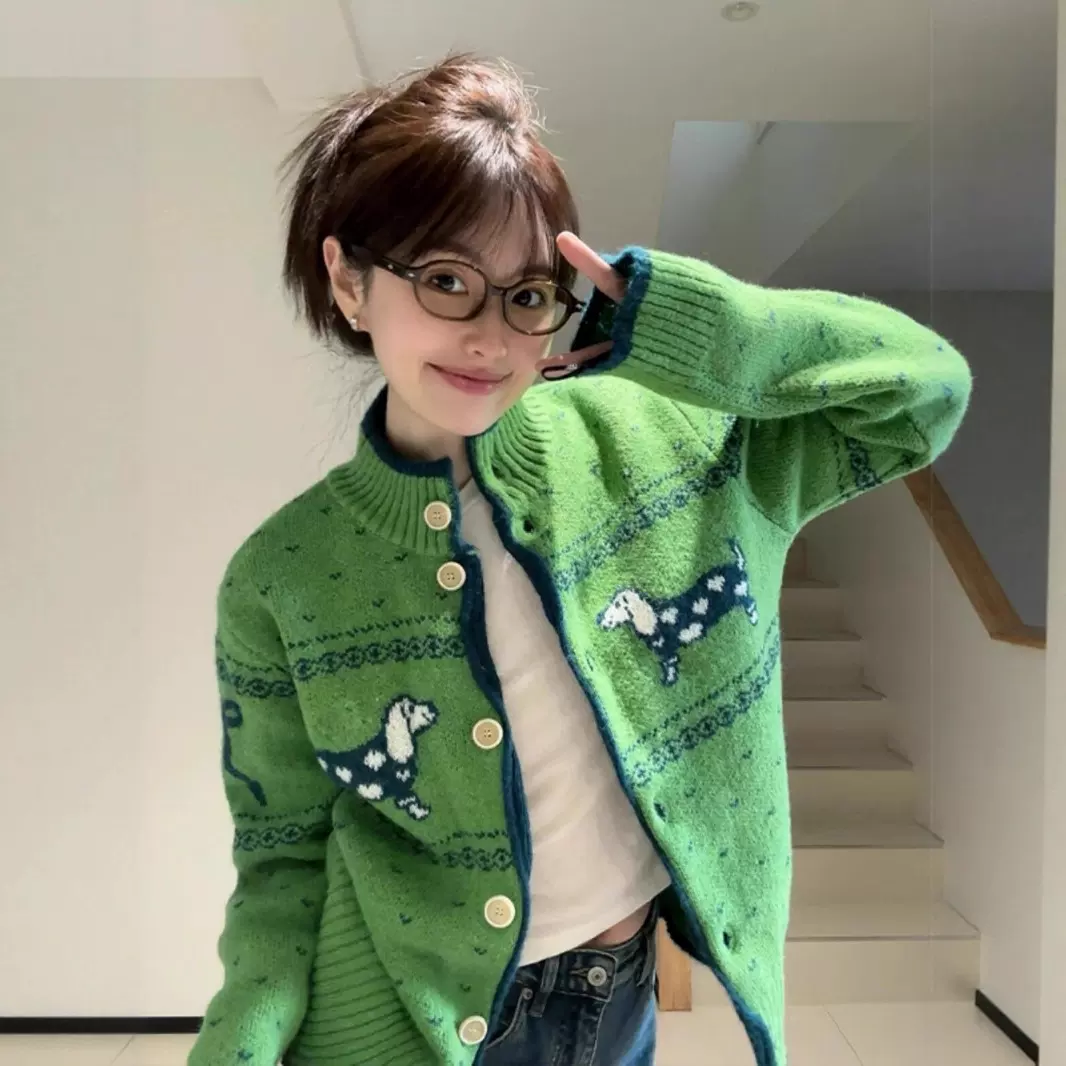 早秋费尔岛复古高级感圆领针织开衫女春秋独特小狗提花毛衣外套女
