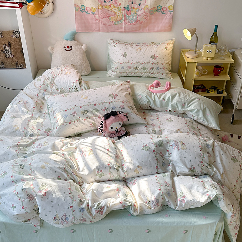 Xiaokaba algodón fresco de cuatro piezas, sábanas de algodón, ropa de cama de tres piezas para estudiantes.