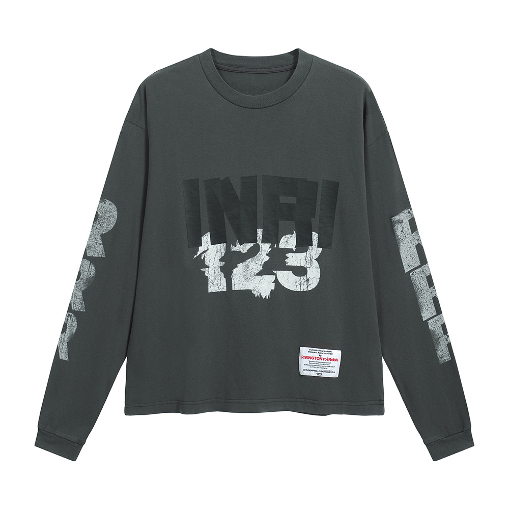 FEAR OF GOD × RRR123 INRI letras estampadas americanas camiseta de manga larga suelta para hombres y mujeres