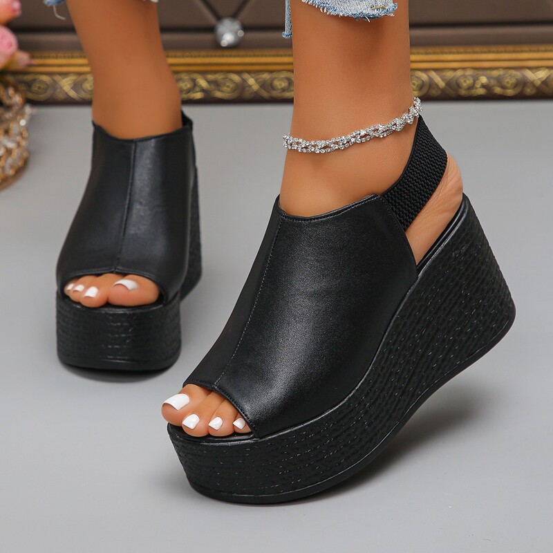 Wedge Sandals Cross-Border Large Size High-Heeled Peep-Toe Sandals for Women New Style Thick-Soled Peep-Toe Buckle Espadrille Sandals