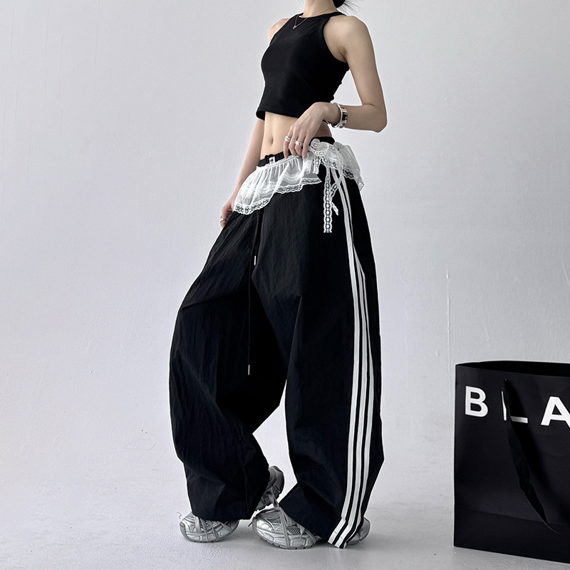 American Retro Drawstring Side-Striped Paratrooper Pants for Women, Summer Drapey Lazy Loose Wide-Leg Sports Long Pants