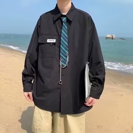Men's Long-Sleeve Literary Collar Shirt, Spring and Autumn Casual College Style, Hong Kong Style, Japanese Graduation Class Uniform Shirt and Outerwear