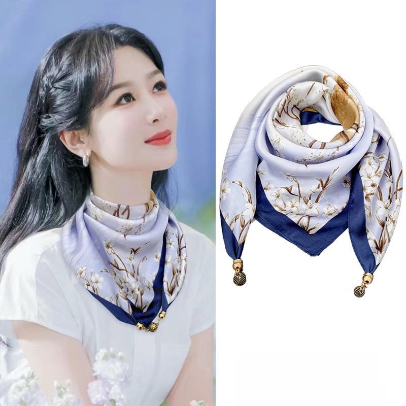 파란색 보라색-복숭아꽃 봄비-(65 모조 실크 자석 버클 사각 스카프)