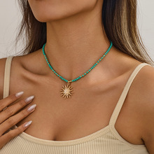 欧美跨境热销 波西米亚风玻璃串珠项链 夏日太阳花吊坠女士项饰