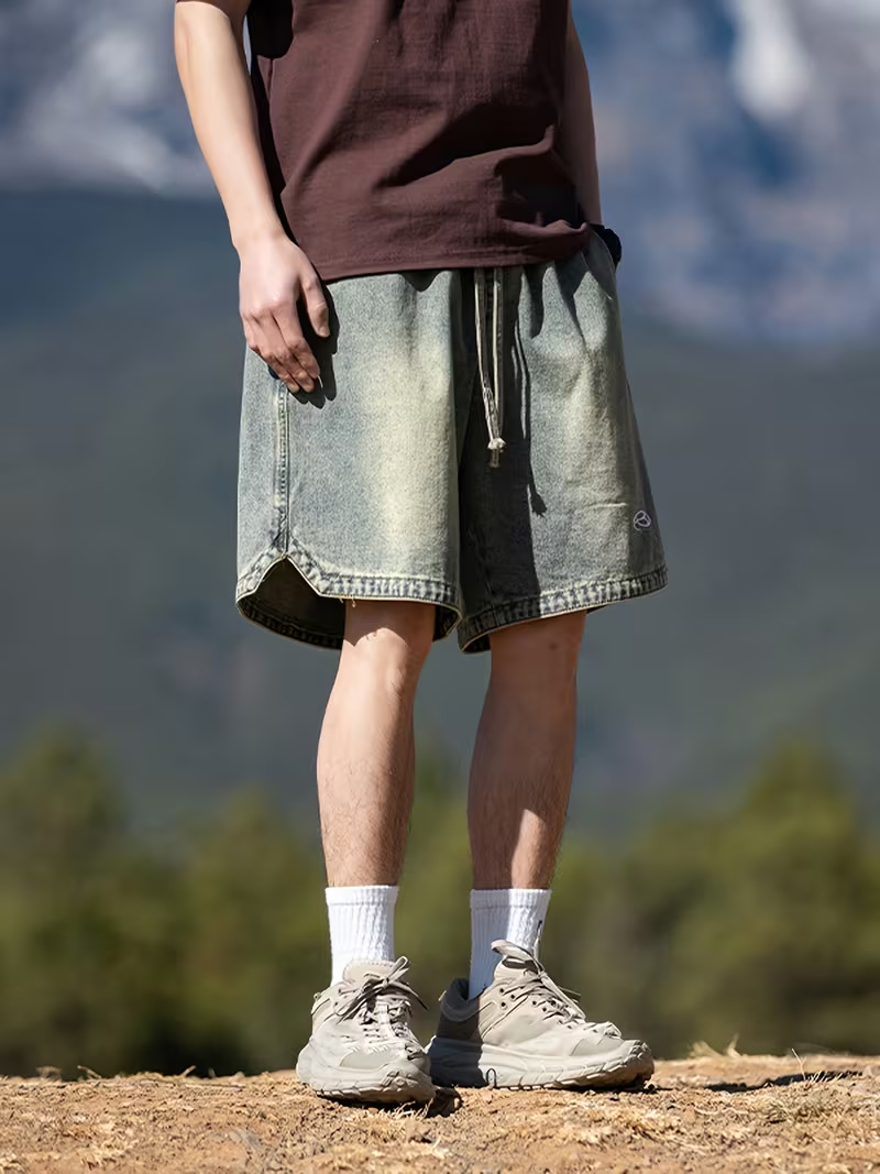 Men's Relaxed Fit Denim Shorts 5-Inch Inseam Drawstring Waist Casual Streetwear Summer Shorts Breathable Cotton Fabric_viptrois.com