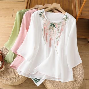 Middle-Aged and Elderly Heavy Embroidery Ramie Shirt Women's 2025 Summer New Chinoiserie Retro Design Cotton and Linen Loose Shirt Top