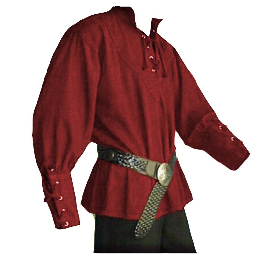 Men's medieval strappy long sleeved shirt with tied sleeves and ropes, solid color loose top_voghion.com
