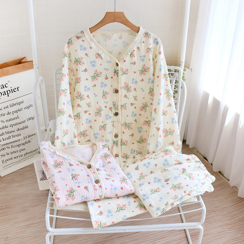 New pajamas women's cotton gauze double-layer crepe thin long sleeve spring and autumn summer cotton cardigan home wear suit