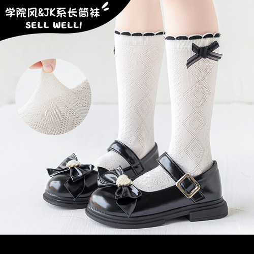 Girls' Socks Spring and Summer Thin Korean Style Bow Princess Children's Mid-Tube Socks Lightweight and Breathable Medium and Large Children's Calf Socks