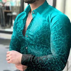 跨境外贸新款男3D印花欧美休闲街潮数码印花长袖衬衫男款修身衬衣